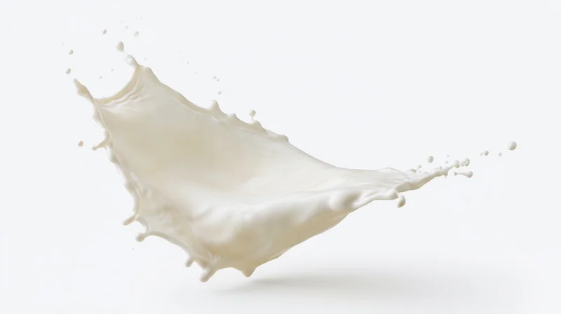 Milk splash frozen midair in a sweeping wave shape against white background