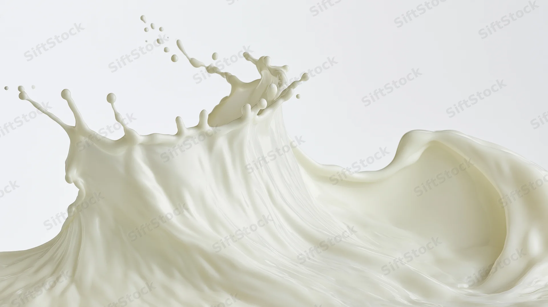 Milk splash frozen mid-motion against a pure white seamless background
