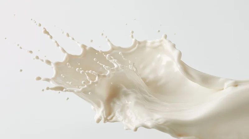 Milk splash frozen mid-motion against pure white seamless background