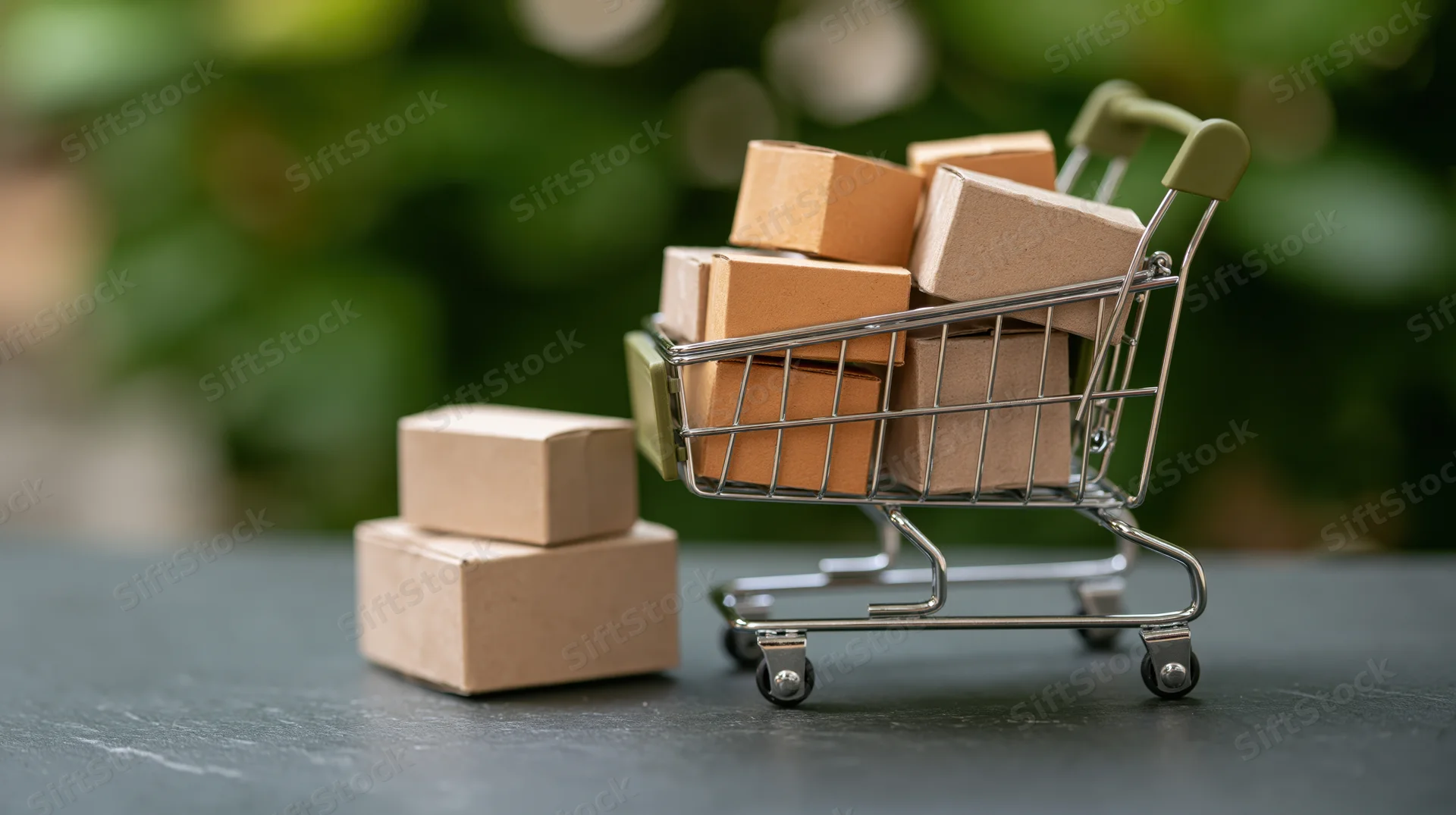 Miniature metal shopping cart filled with small cardboard boxes on dark surface with green background