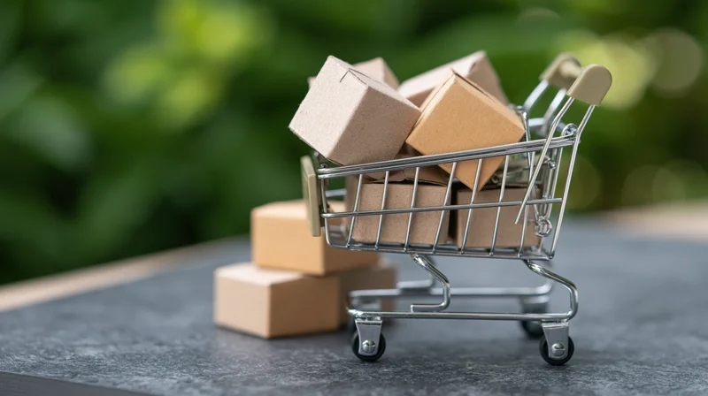 Miniature metal shopping cart filled with small cardboard boxes on a table with green background