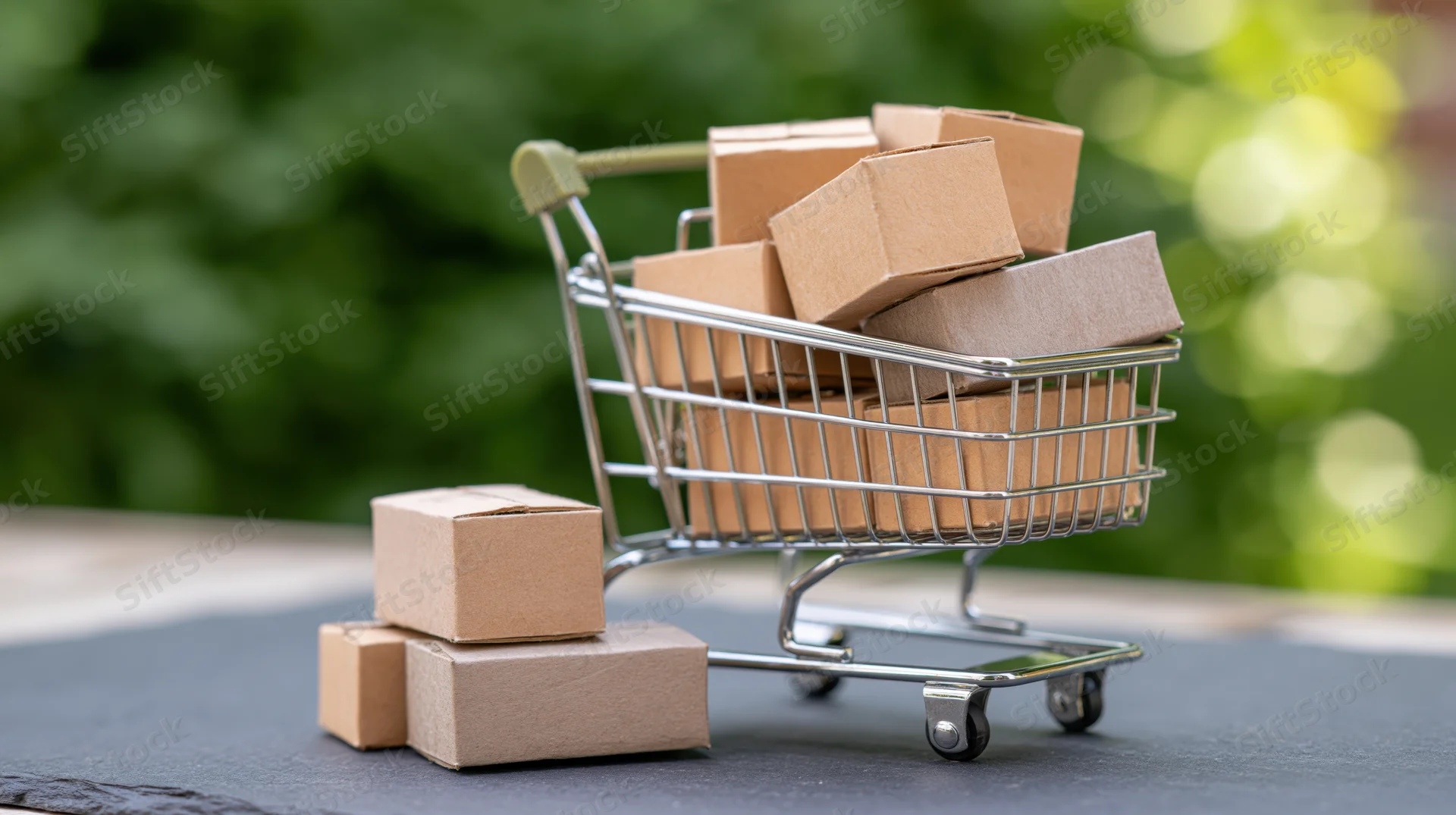 Miniature metal shopping cart filled with small cardboard boxes on a slate surface outdoors