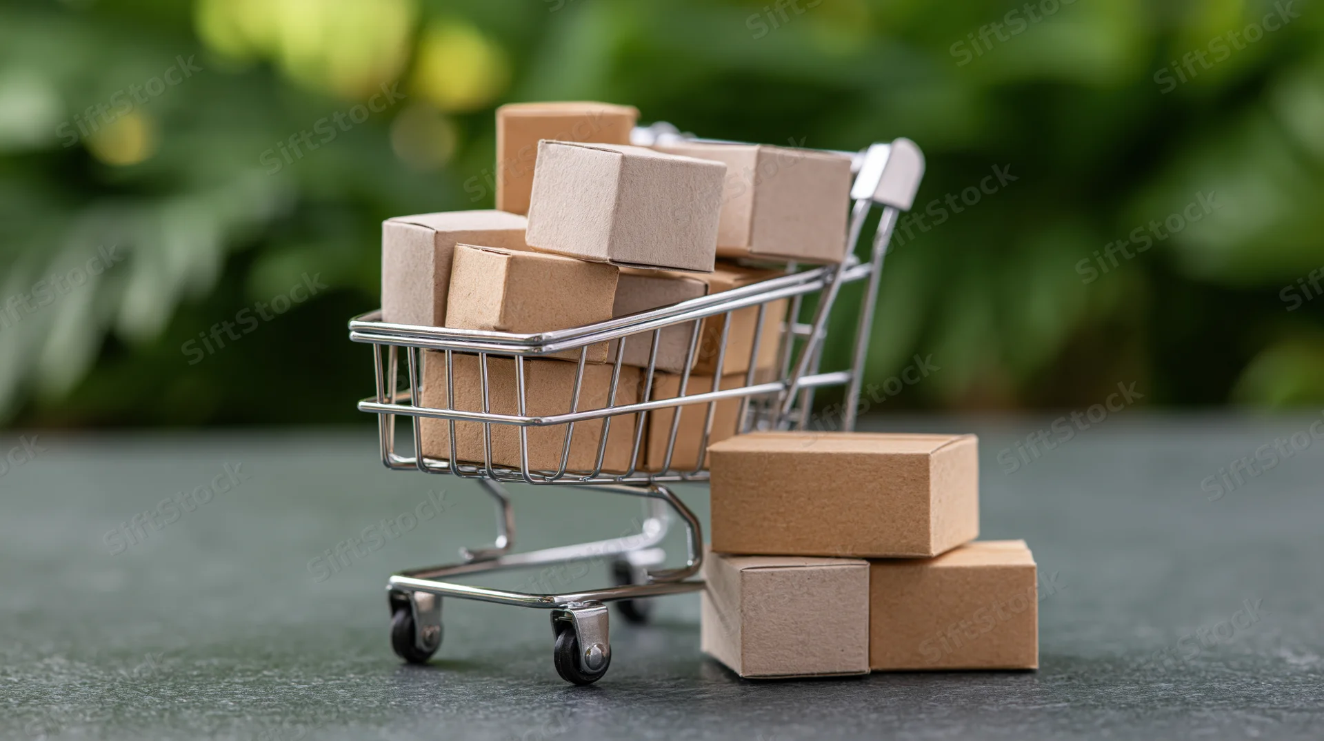 Miniature metal shopping cart filled with small cardboard boxes on a gray surface with green foliage blurred in the background