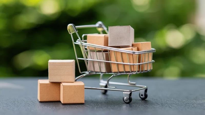 Miniature metal shopping cart filled with small cardboard boxes on dark surface with green blurred background