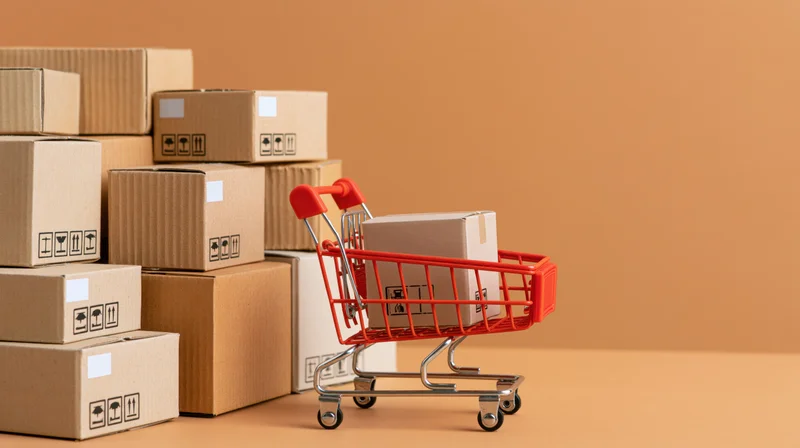 Miniature red shopping cart holding a small cardboard box beside stacked packages on a plain surface