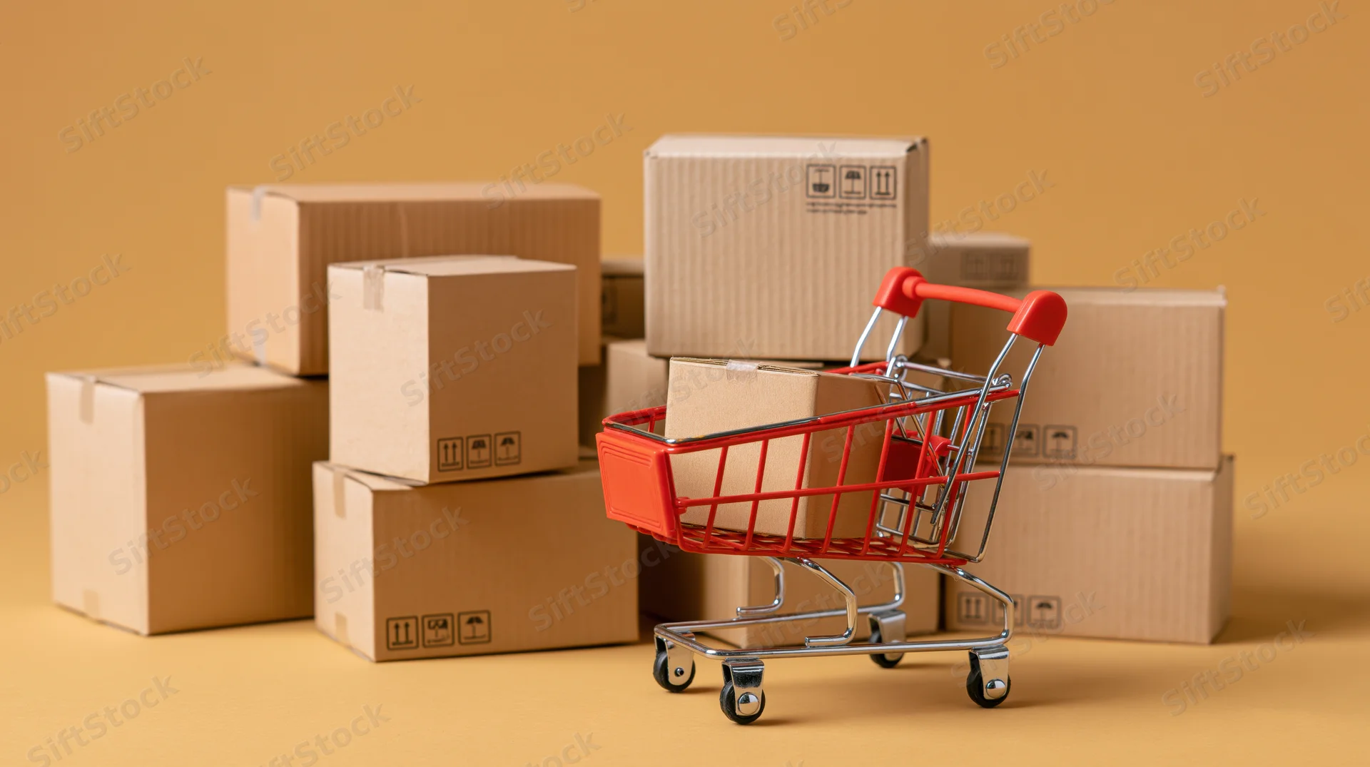 Miniature red shopping cart filled with cardboard boxes on a plain background