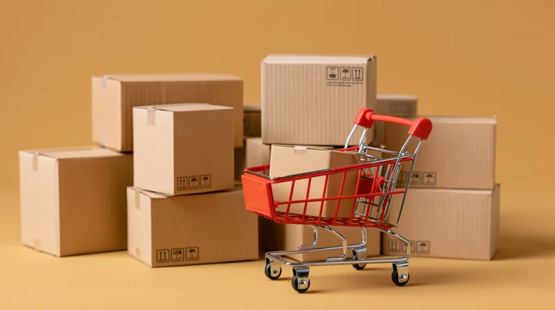 Miniature red shopping cart filled with cardboard boxes on a plain background