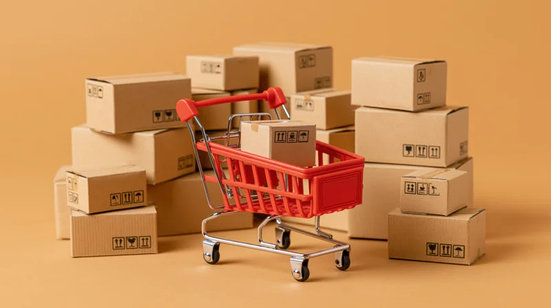 Miniature red shopping cart holding a small cardboard box surrounded by stacked boxes on a plain surface