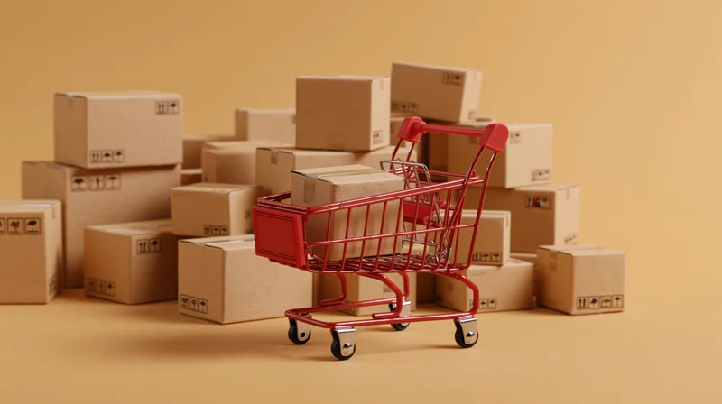 Miniature red shopping cart holding a small cardboard box surrounded by stacked packages on a beige surface