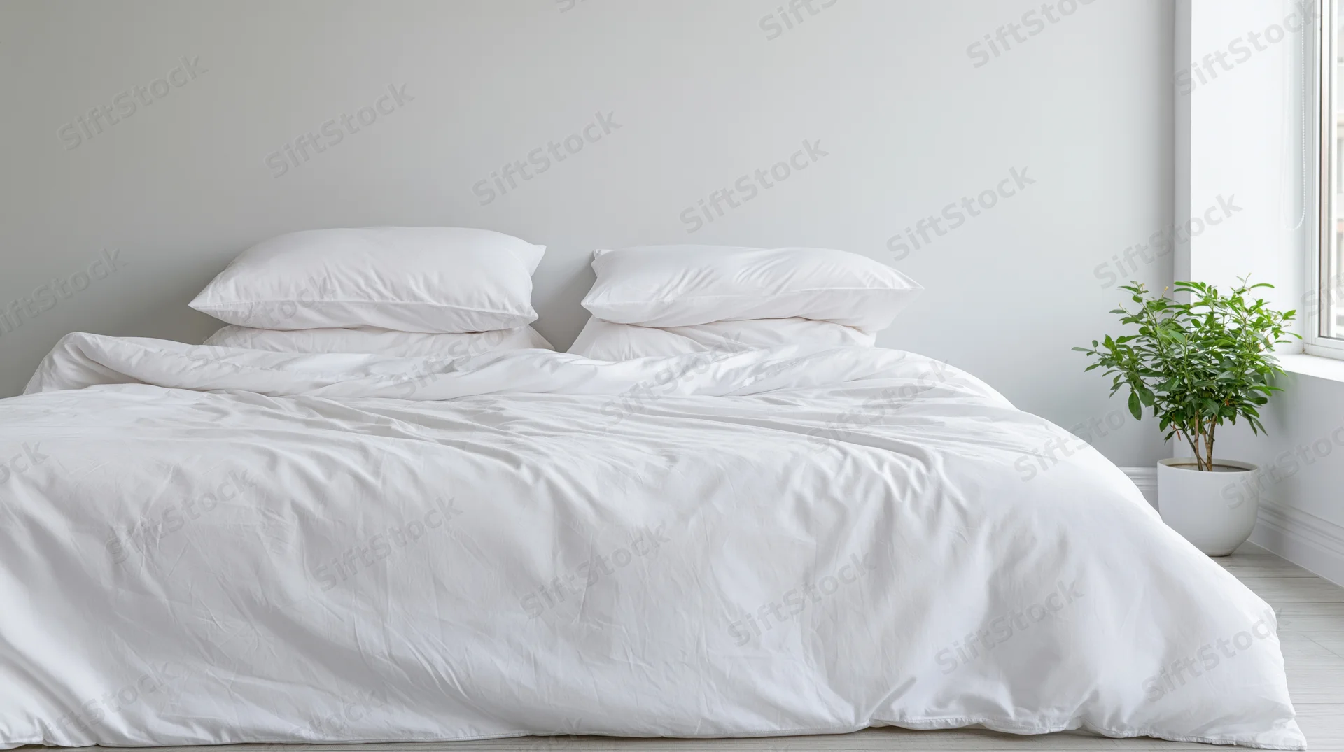 White bed with crumpled comforter and stacked pillows in minimalist bedroom near window with potted plant