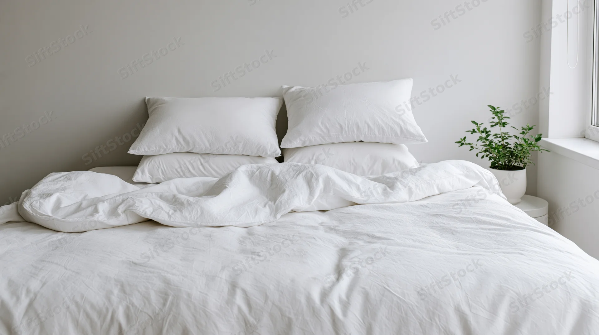 White bed with crumpled linen bedding and stacked pillows in a minimalist bedroom near a window with a potted plant on a side table