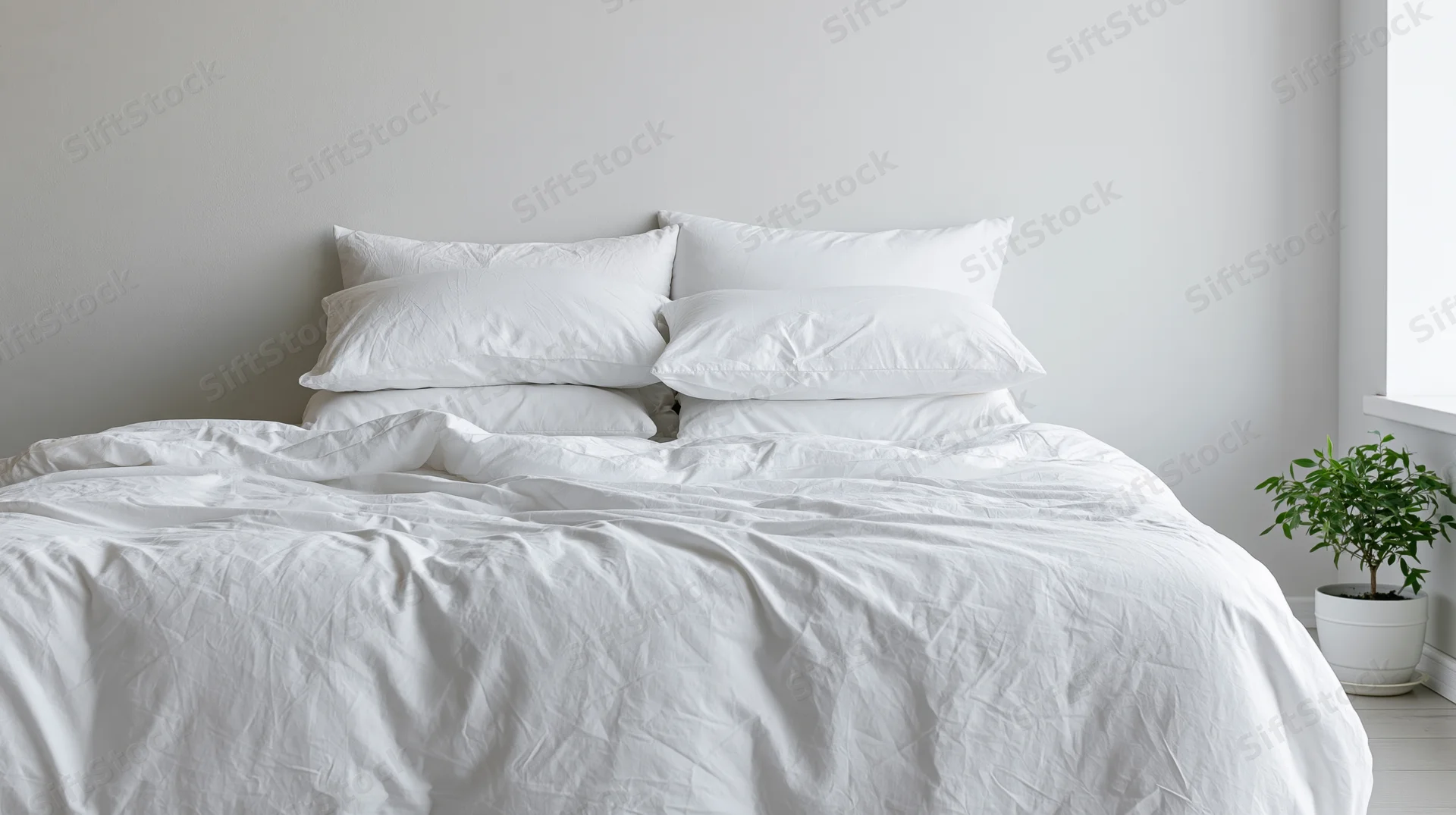 Unmade white bed with crumpled linen and stacked pillows in minimalist bedroom near window with potted plant
