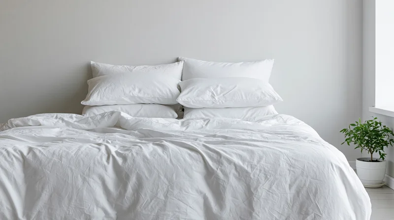 Unmade white bed with crumpled linen and stacked pillows in minimalist bedroom near window with potted plant