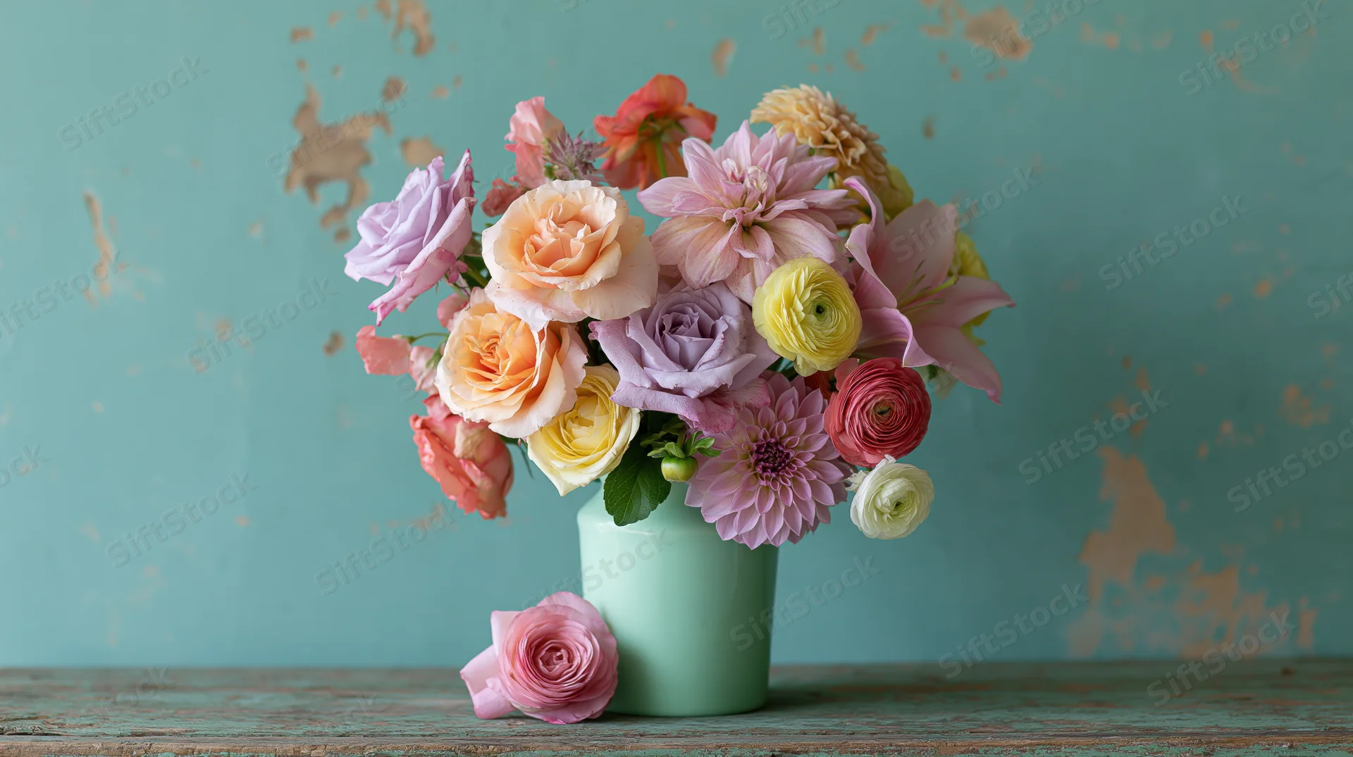 Mixed bouquet of roses lilies dahlias and ranunculus in a mint vase on a rustic wooden table against a teal peeling wall