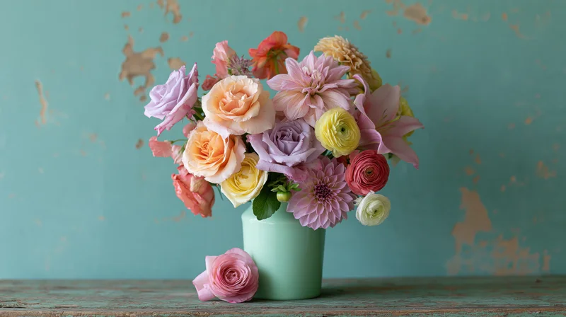 Mixed bouquet of roses lilies dahlias and ranunculus in a mint vase on a rustic wooden table against a teal peeling wall