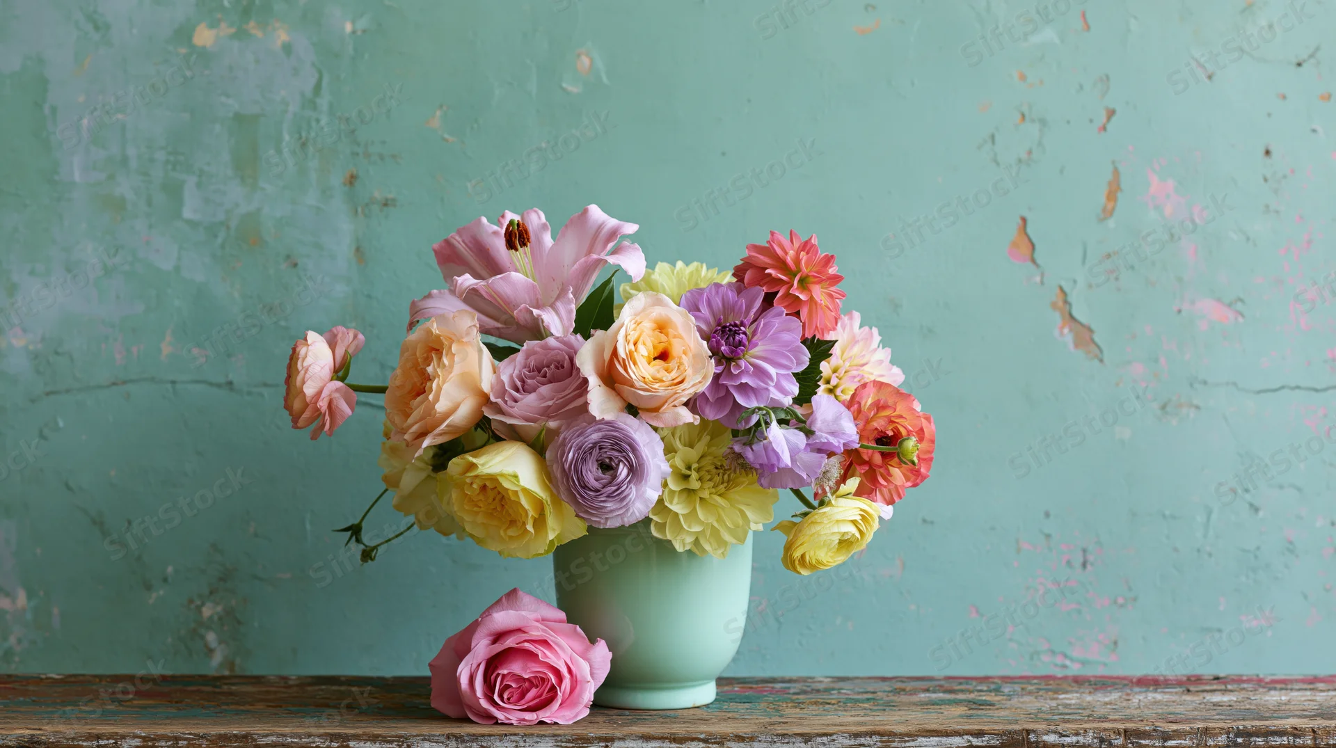 Mixed bouquet of roses lilies dahlias and ranunculus in mint vase on rustic wooden table against peeling mint wall
