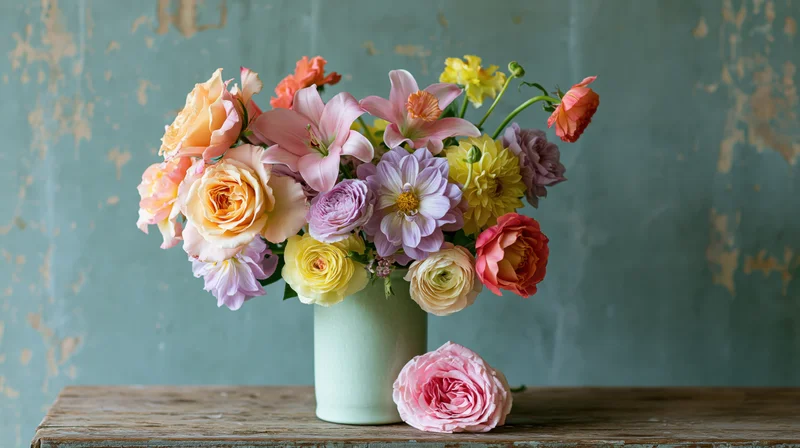 Mixed bouquet of roses lilies dahlias and ranunculus in a ceramic vase on a wooden table against a peeling teal wall