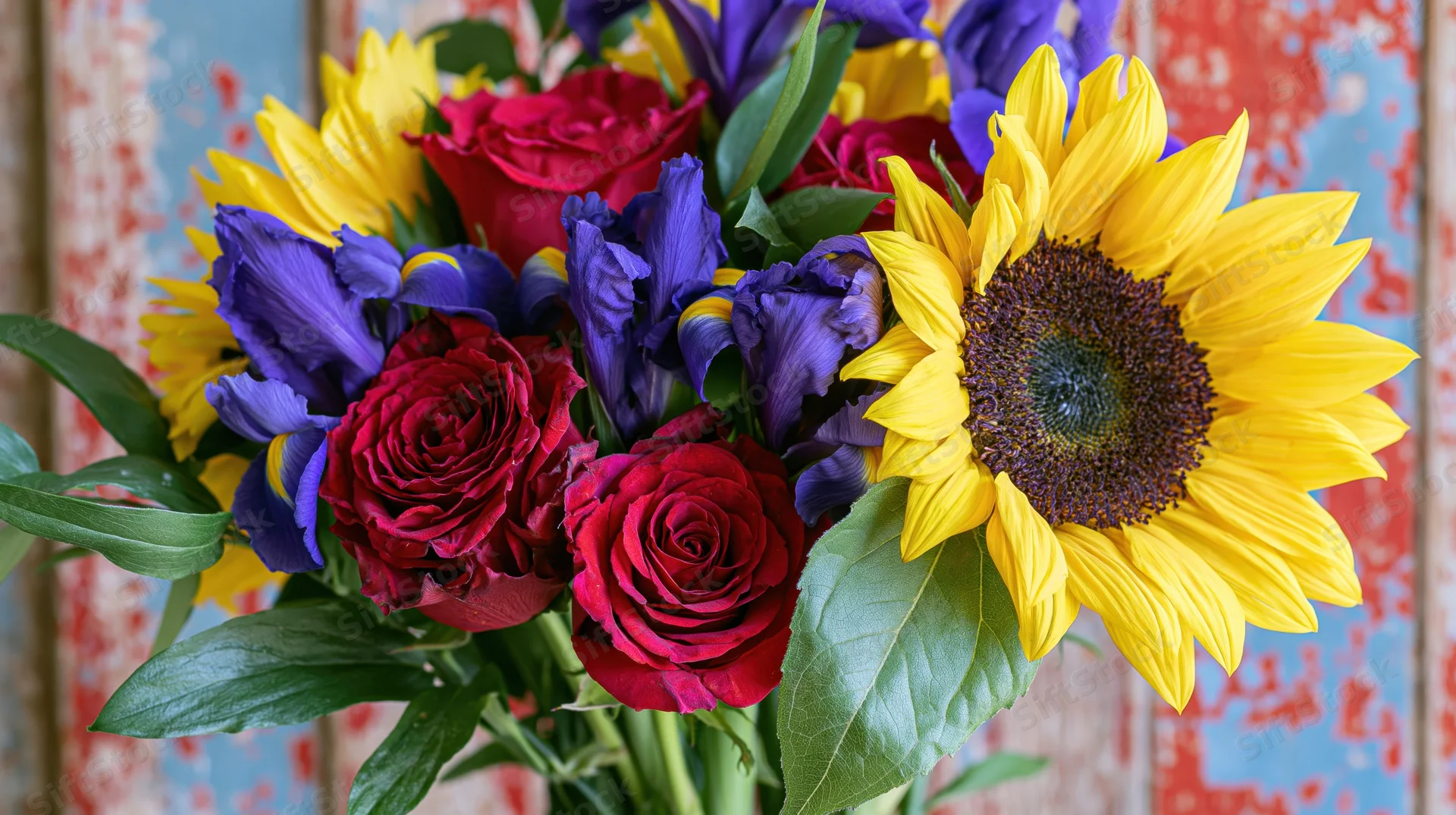 Mixed bouquet of sunflowers, red roses, and purple irises with green leaves against a weathered wooden background