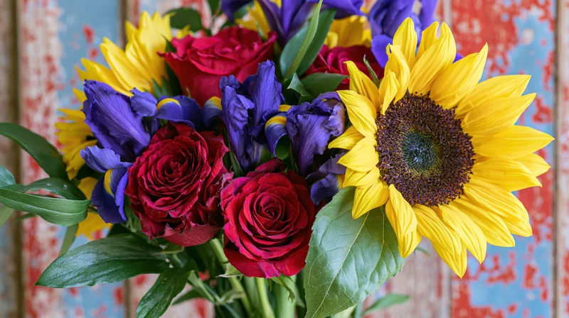 Mixed bouquet of sunflowers, red roses, and purple irises with green leaves against a weathered wooden background