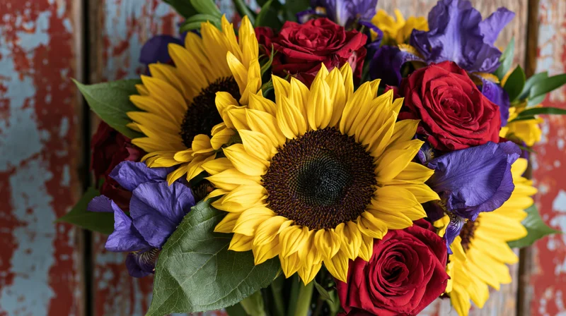 Mixed bouquet of sunflowers, red roses, and purple irises arranged against a weathered wooden background