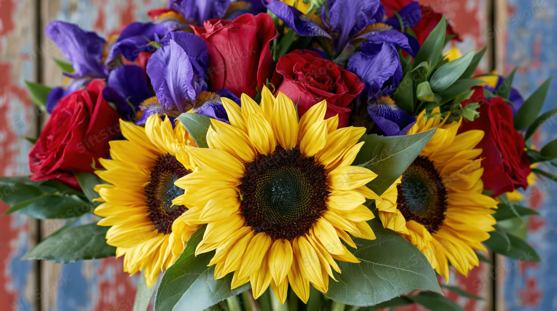 Vibrant bouquet of sunflowers, red roses and purple irises arranged with green leaves against a rustic wooden background