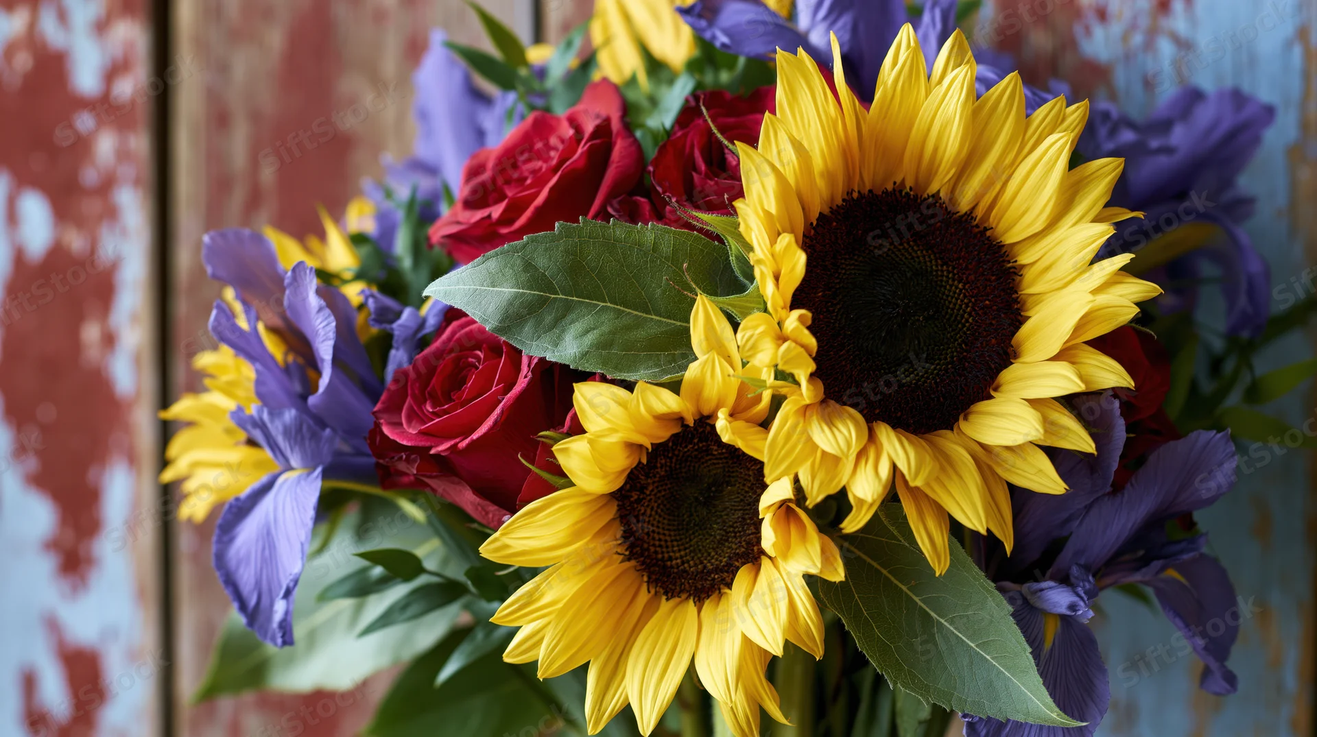A bouquet of sunflowers, red roses and purple irises arranged against a weathered wooden background