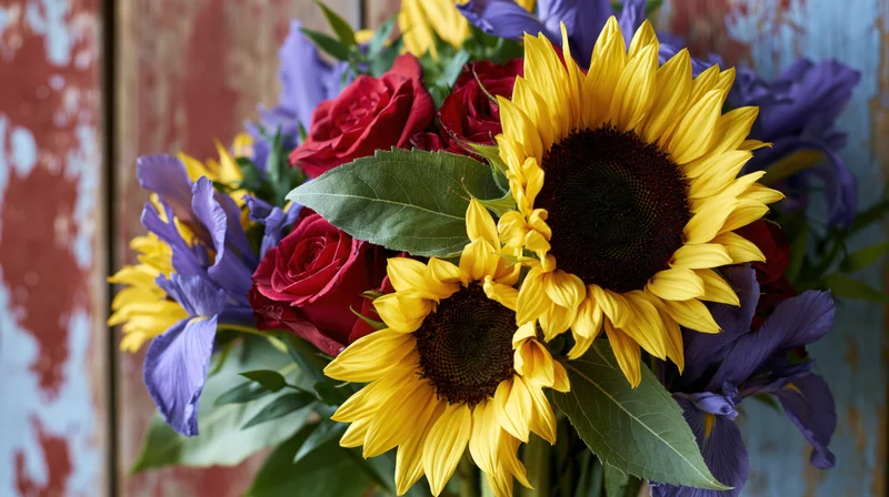 A bouquet of sunflowers, red roses and purple irises arranged against a weathered wooden background