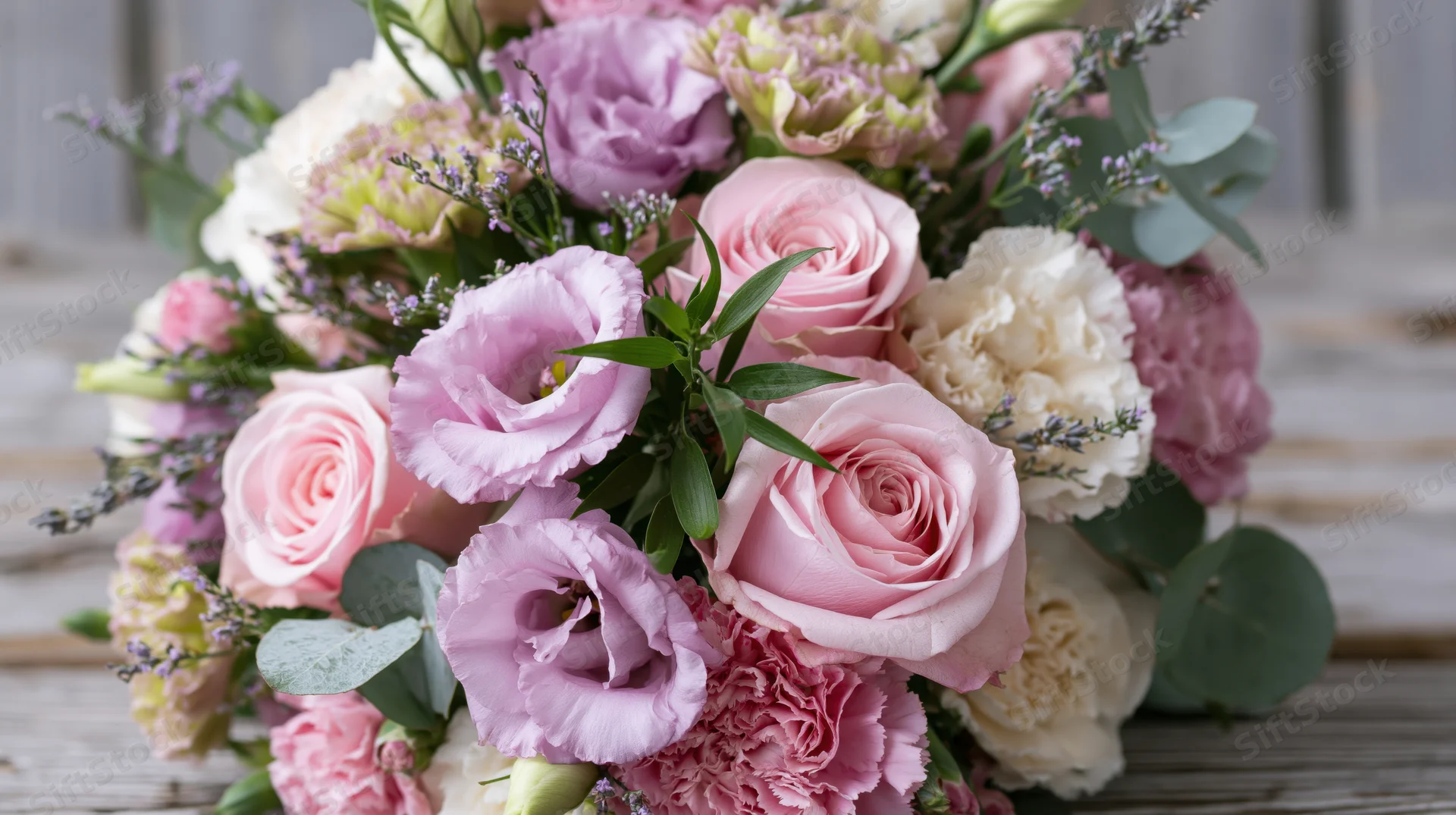 Pink roses and lisianthus bouquet with carnations and greenery on wooden surface