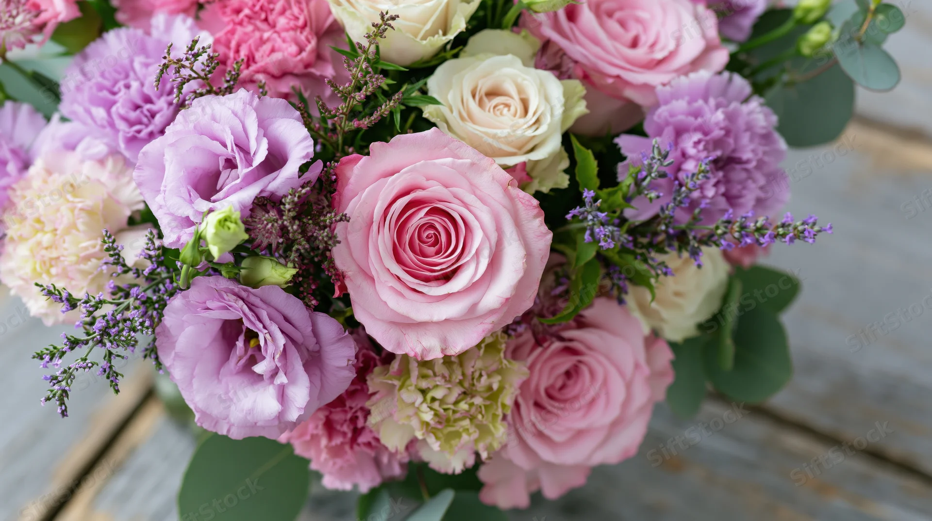 Close-up of a pink and purple floral bouquet with roses, lisianthus, and carnations on a wooden surface