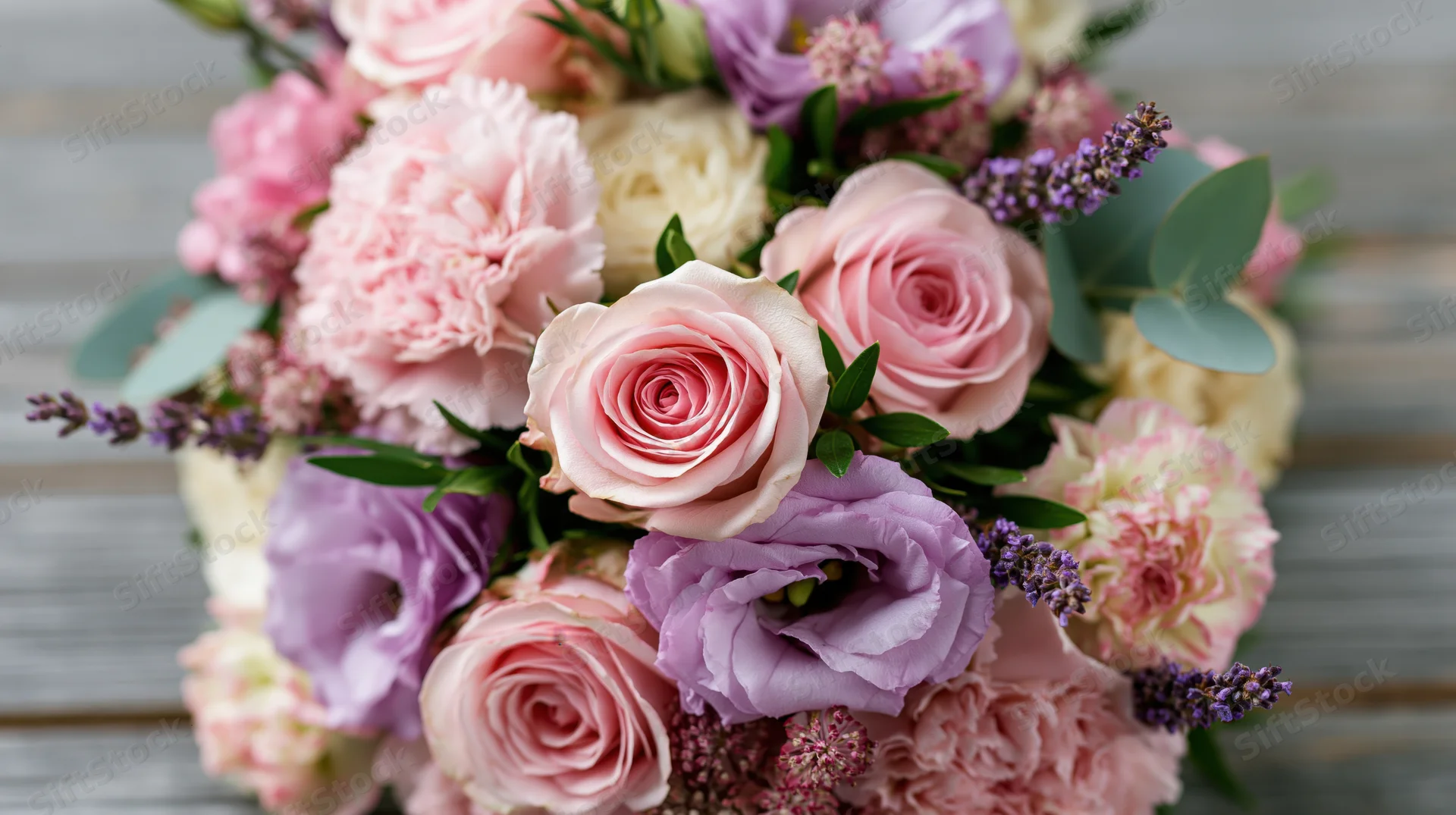 Close-up of a pink and purple floral bouquet with roses, lisianthus, and carnations on a wooden surface