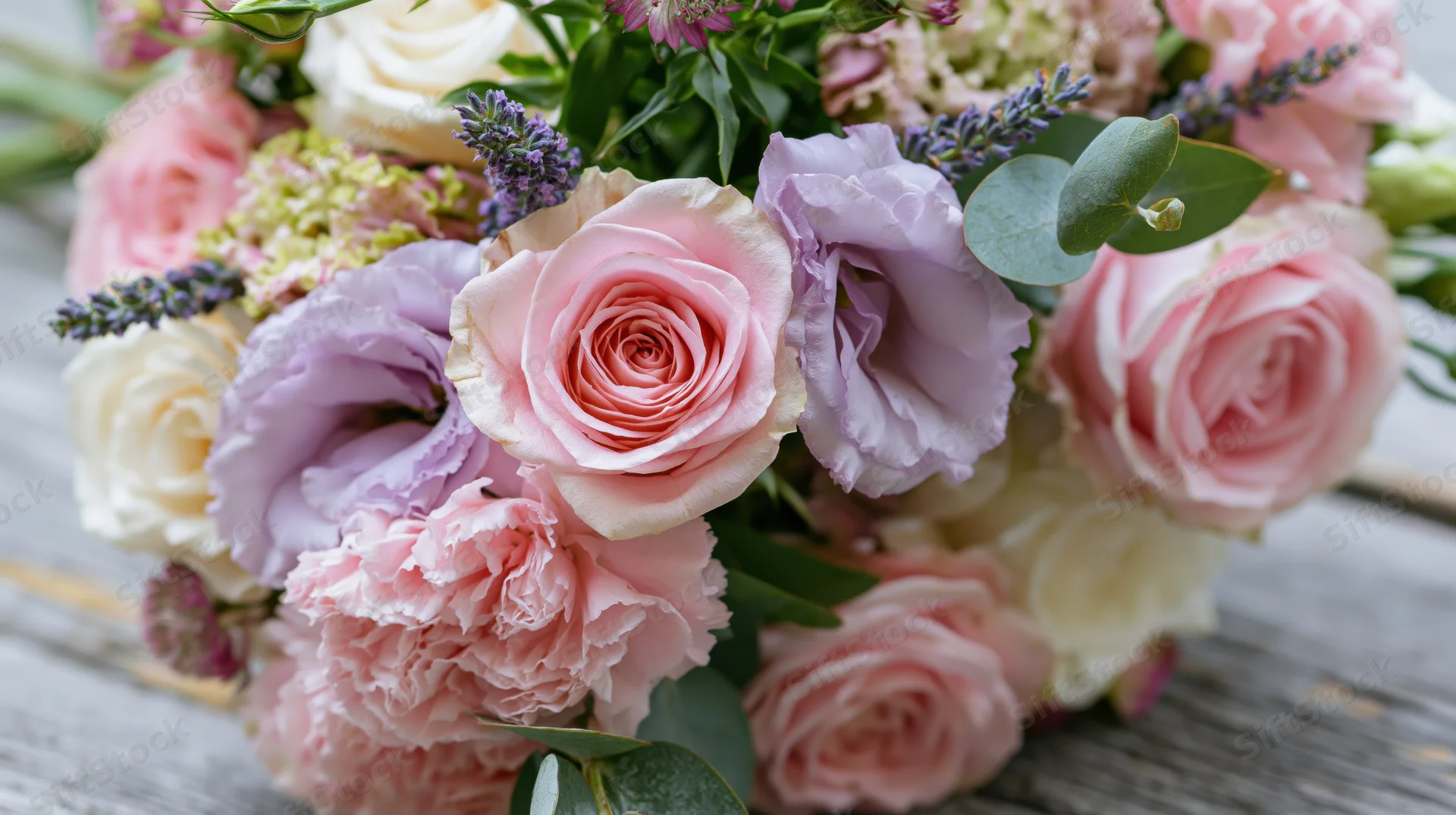 Close-up of a pink and lavender floral bouquet with roses, lisianthus, and carnations on a wooden surface