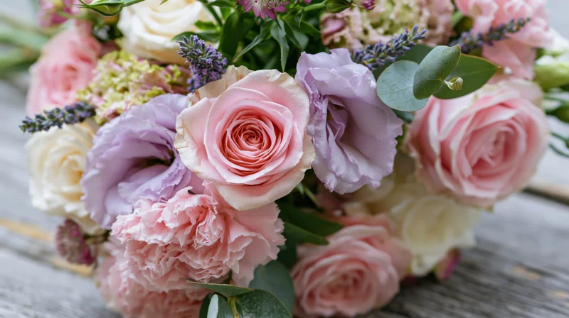 Close-up of a pink and lavender floral bouquet with roses, lisianthus, and carnations on a wooden surface