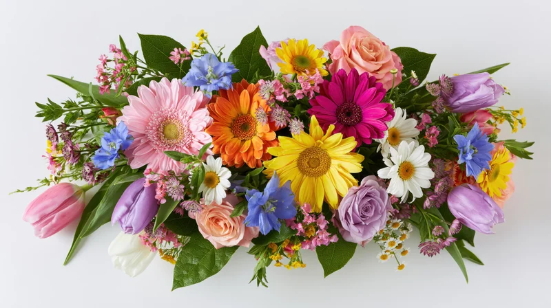 Colorful spring flower arrangement with gerbera, roses, tulips and daisies lying flat on white background