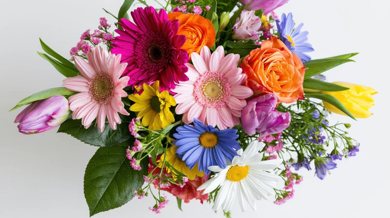 Colorful spring flower bouquet with gerbera daisies, tulips, roses and ranunculus lying flat on white background