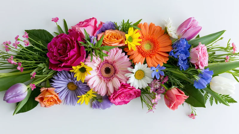 Mixed spring flower arrangement with gerbera, roses, tulips and daisies lying flat on white background