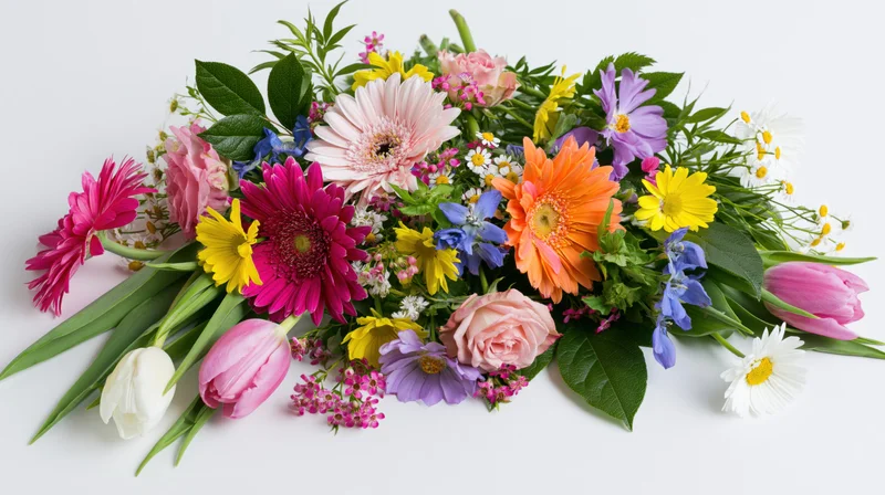 Colorful spring flower arrangement with gerbera, tulips, roses and daisies lying flat on white background