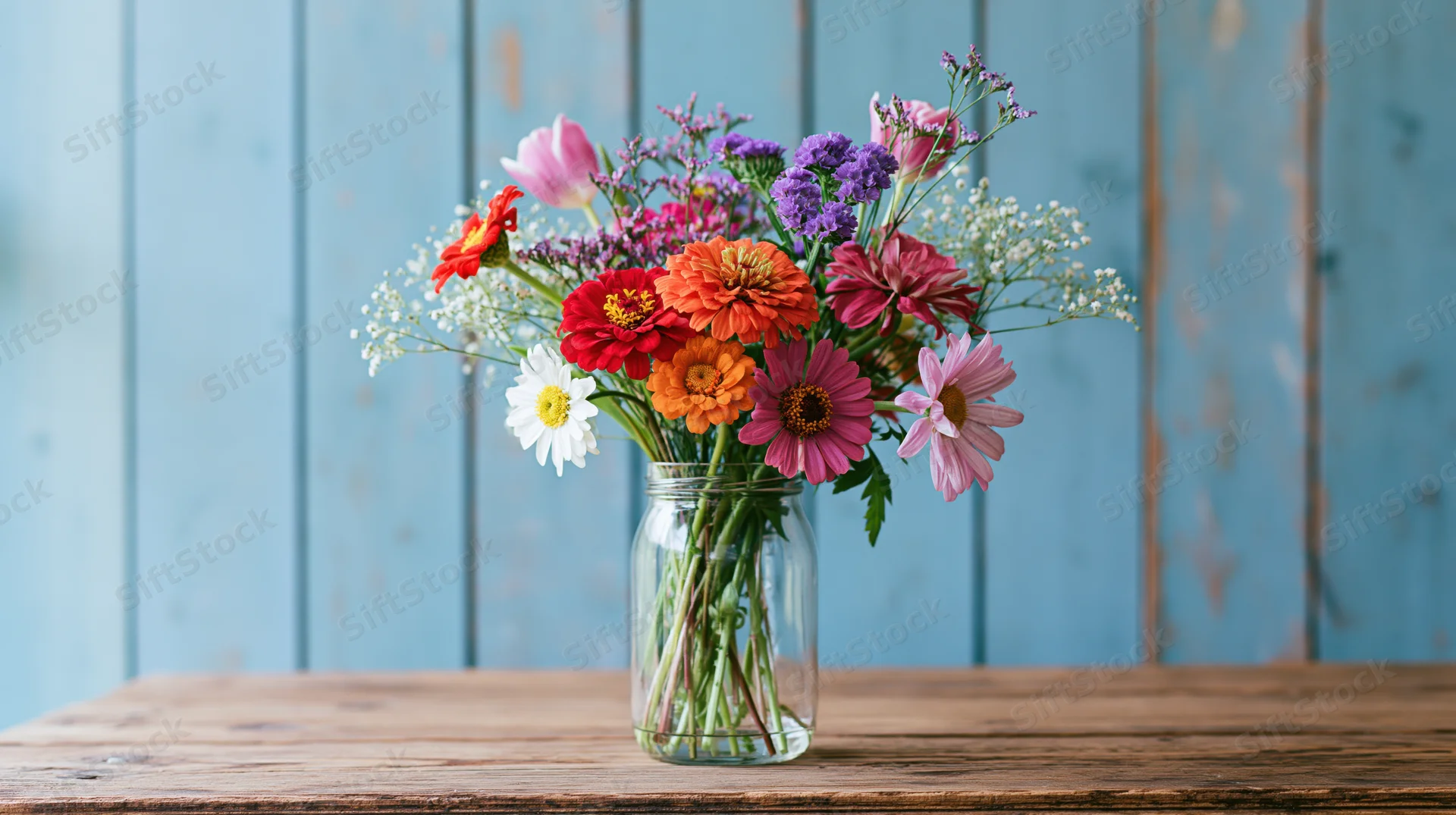 Mixed wildflower bouquet in a clear glass jar on a wooden table