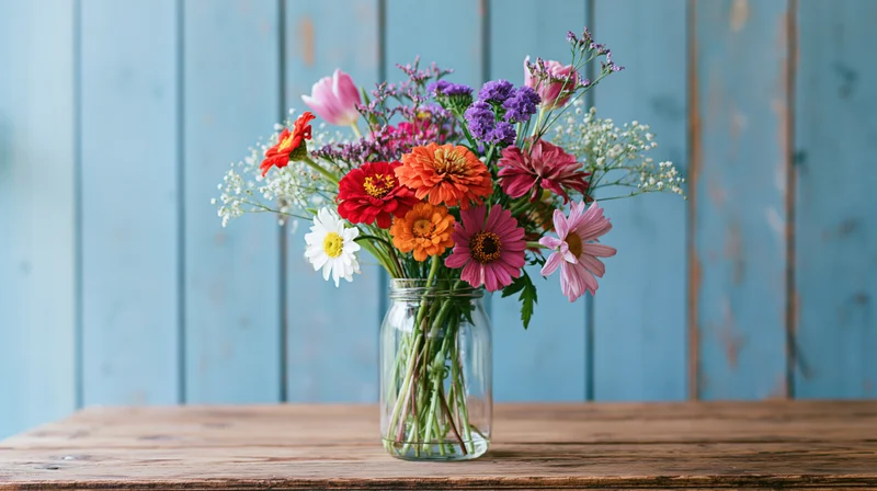 Mixed wildflower bouquet in a clear glass jar on a wooden table