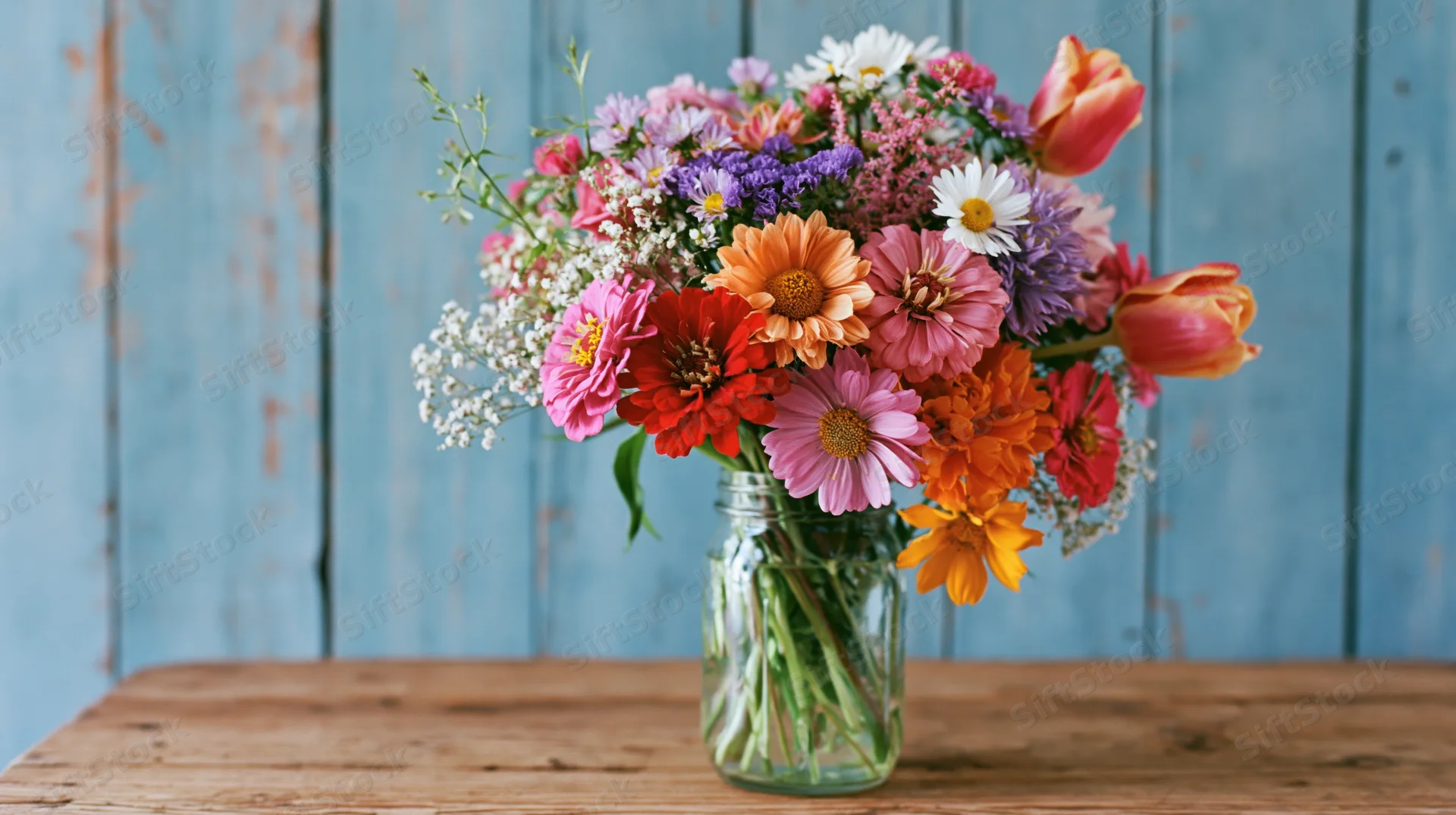 Colorful wildflower bouquet in a clear glass jar on a wooden table against a blue wooden background