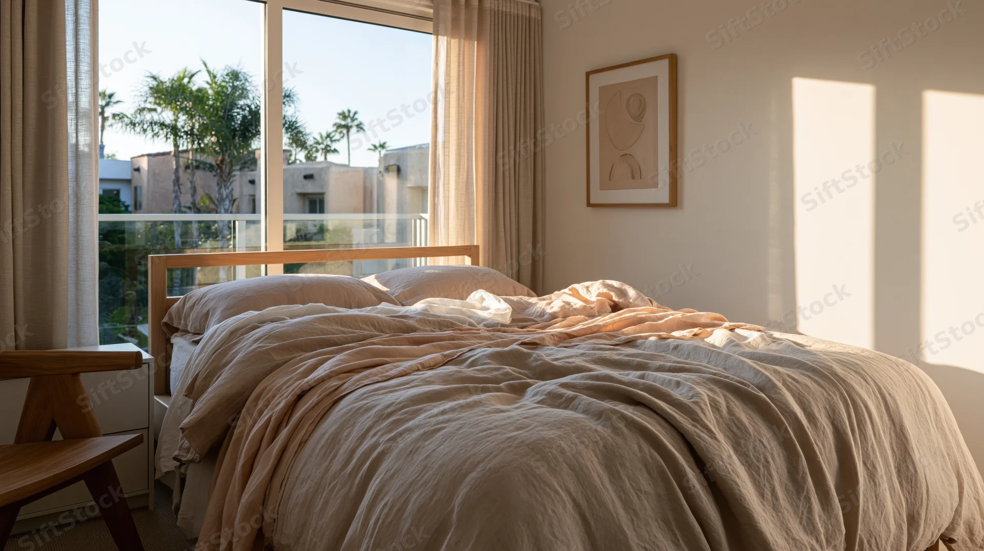 Rumpled bed with linen bedding in a modern bedroom by a window with city view