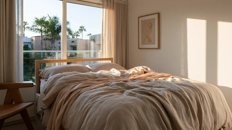 Rumpled bed with linen bedding in a modern bedroom by a window with city view