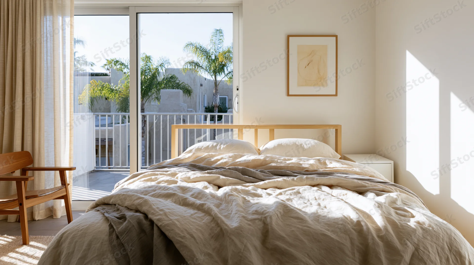 Modern bedroom with rumpled bed and natural light from balcony window