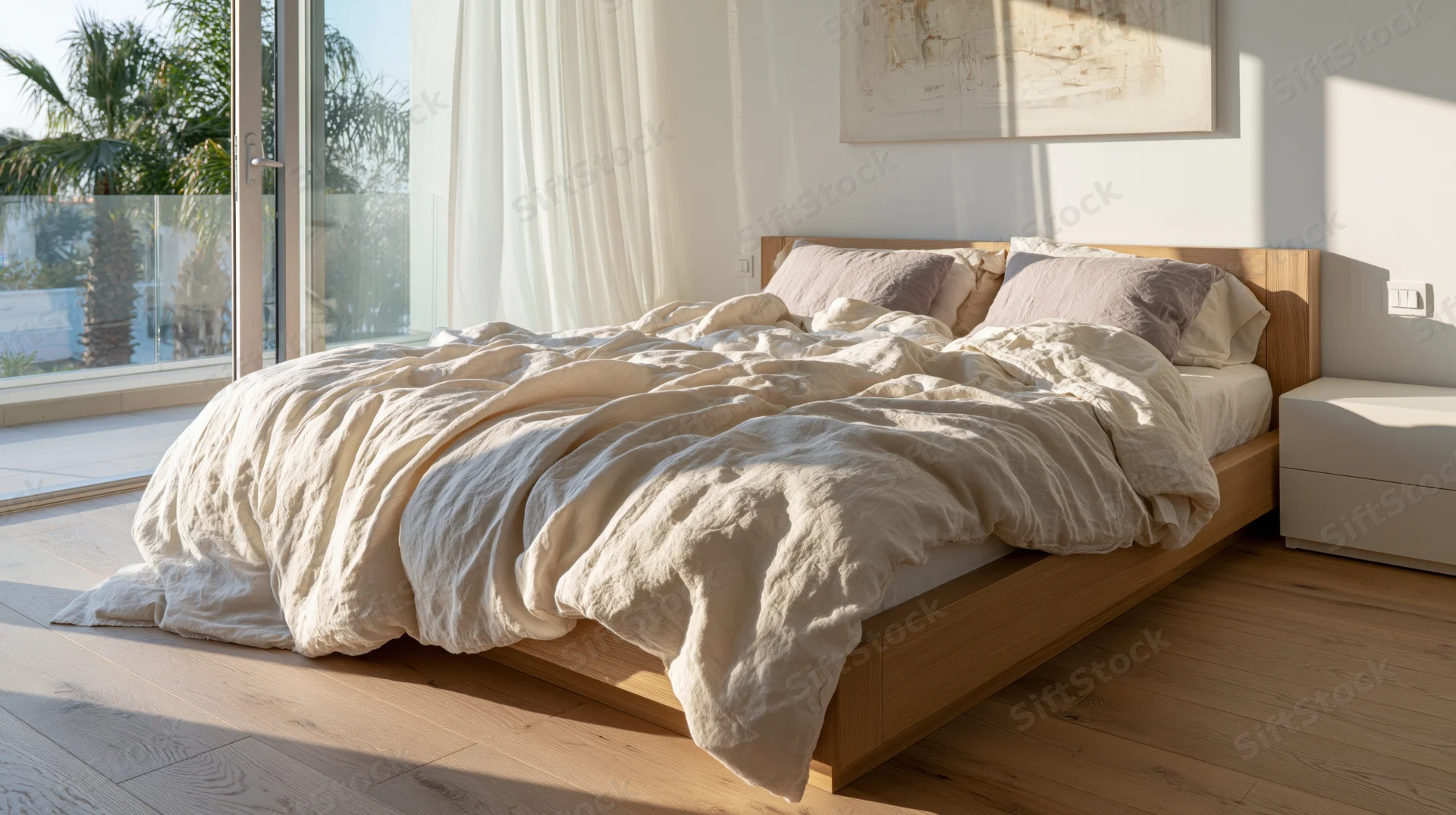 Unmade bed with crumpled linen bedding in a modern bedroom with sunlight streaming through a glass door to a balcony