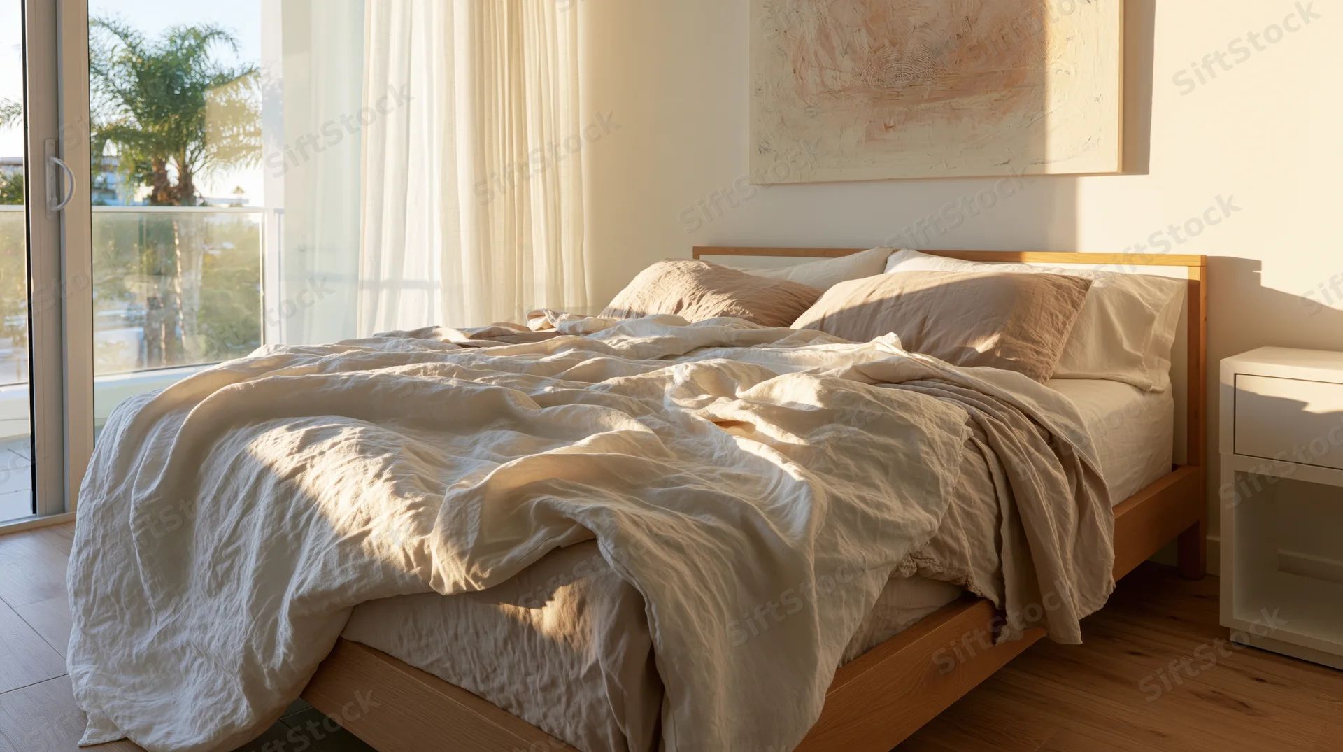 Unmade bed with crumpled linen bedding in a modern bedroom with sunlight through sheer curtains and balcony view