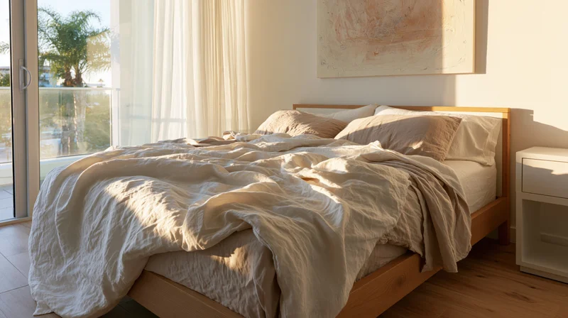 Unmade bed with crumpled linen bedding in a modern bedroom with sunlight through sheer curtains and balcony view