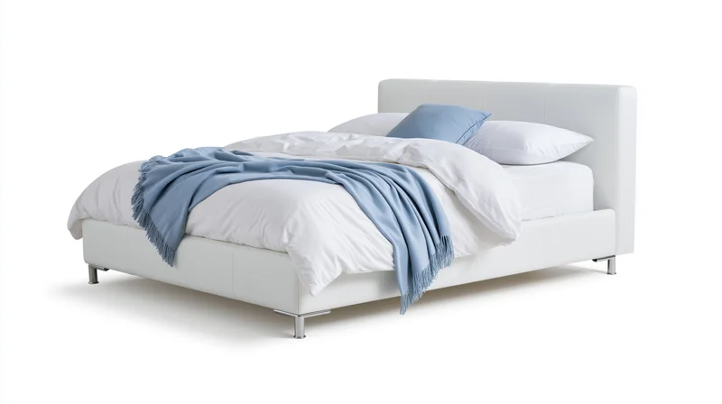 Modern double bed with white upholstered frame and chrome legs on plain white background