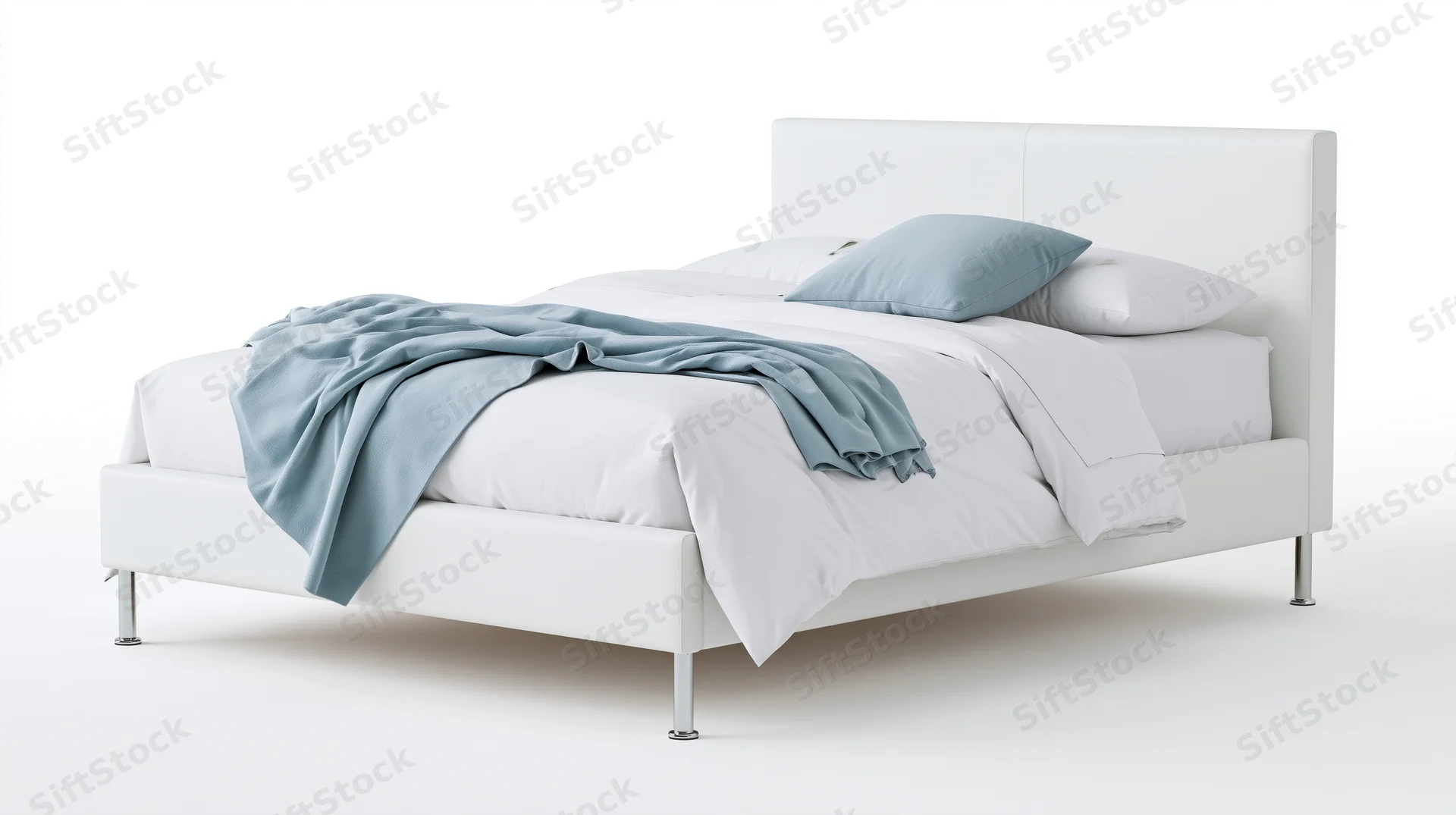 Modern double bed with white upholstered frame and chrome legs on plain white background