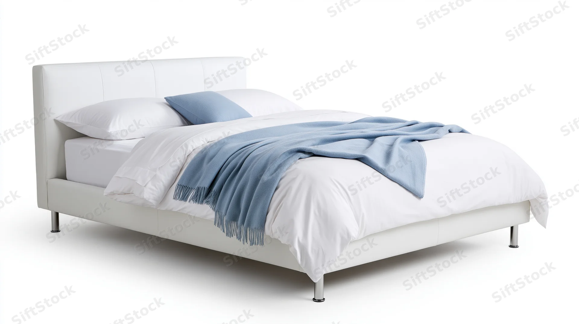 Modern double bed with white upholstered frame and chrome legs, dressed with white bedding and blue throw blanket, isolated on white background