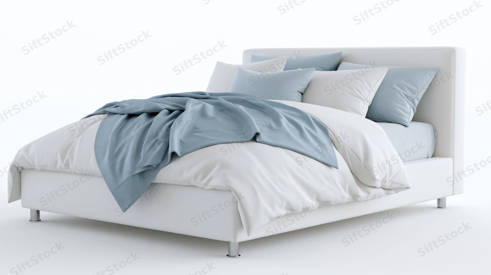 Modern double bed with white upholstered frame and chrome legs, featuring blue and white bedding on a plain white background