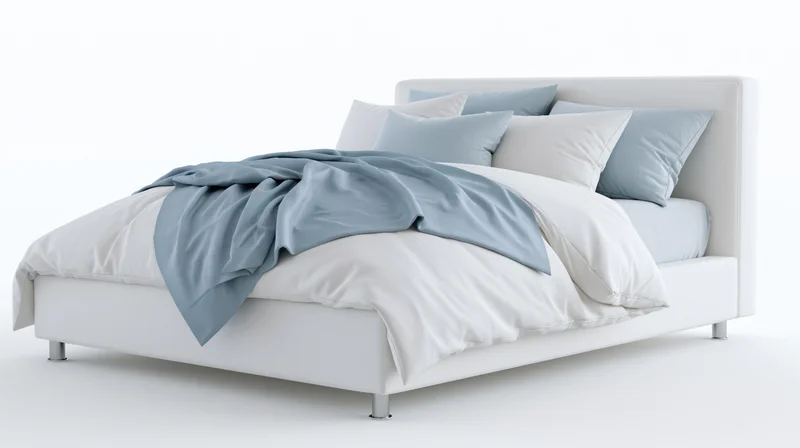 Modern double bed with white upholstered frame and chrome legs, featuring blue and white bedding on a plain white background